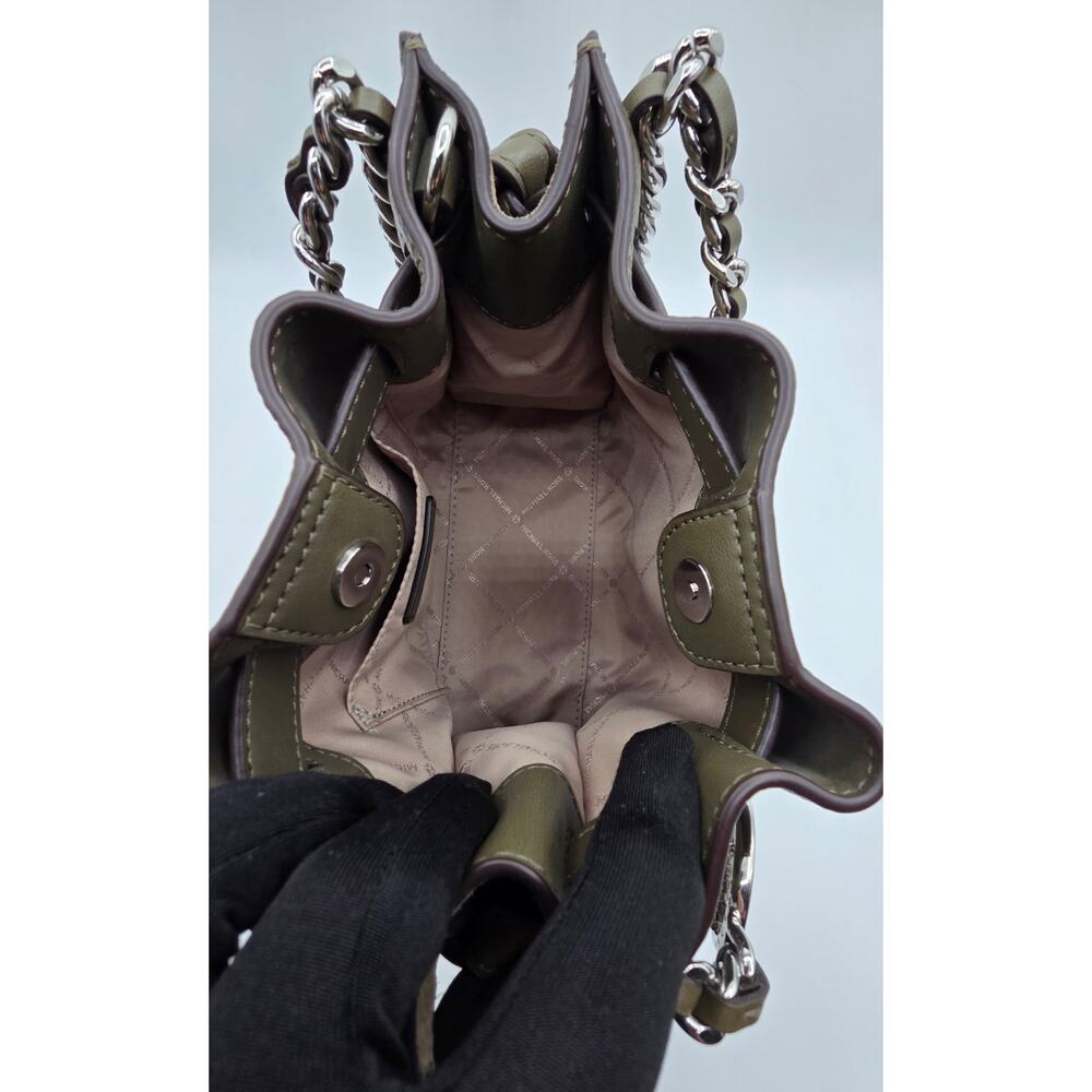 Michael Kors Mina Small Chain Leather Satchel Crossbody Olive Green Silver MK - Picture 11 of 16